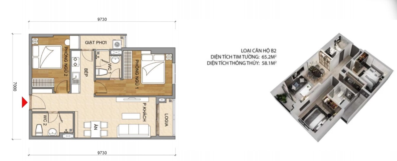 Mặt bằng thiết kế căn hộ B2 - 2 phòng ngủ diện tích 65m2
