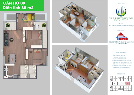 Mặt bằng thiết kế căn hộ 3 phòng ngủ có diện tích 88m2