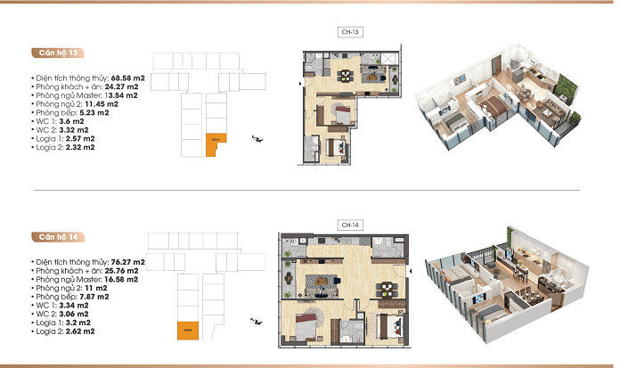Mặt bằng thiết kế căn hộ 2 phòng (45 – 65m2)